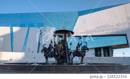 The fountain Sak warriors at the National Museum of Republic of Kazakhstan timelapse hyperlapse in Astana The fountain Sak warriors at the National Museum of Republic of Kazakhstan timelapse hyperlapse in Astana 126522354