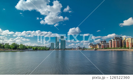 Astana, Kazakhstan. View from Pleasure boat on the river Ishim timelapse hyperlapse drivelapse in Astana. Astana, Kazakhstan. View from Pleasure boat on the river Ishim timelapse hyperlapse drivelapse in Astana. 126522360