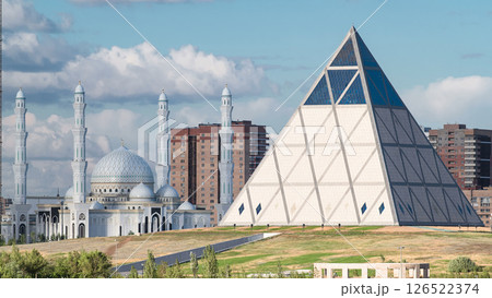 Cultural Center and Majestic mosque Hazret Sultan in Astana timelapse 126522374