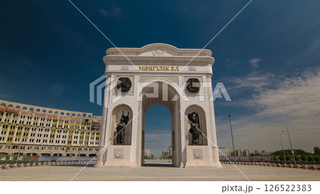 Triumphal arch timelapse hyperlapse and the central part of the city in Astana, Kazakhstan. Triumphal arch timelapse hyperlapse and the central part of the city in Astana, Kazakhstan. 126522383