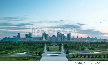 Panorama of the Astana city day to night timelapse and the president's residence Akorda with park 126522395