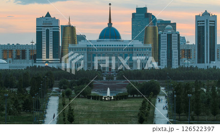 Close up view of Astana city day to night timelapse and the president's residence Akorda with park 126522397