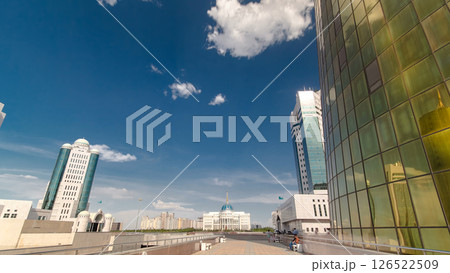 House of Parliament of the Republic of Kazakhstan and modern orange tower timelapse hyperlapse, Nur-Sultan city 126522509