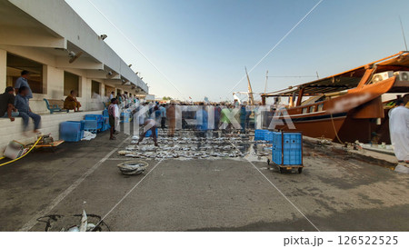 Fish market in the emirate of Ajman timelapse hyperlapse. United Arab Emirates Fish market in the emirate of Ajman timelapse hyperlapse. United Arab Emirates 126522525