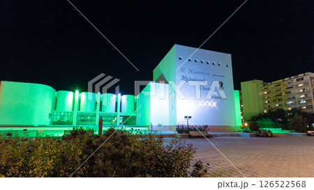 Mangystau regional musical drama theatre in Aktau timelapse hyperlapse. Mangystau regional musical drama theatre in Aktau timelapse hyperlapse. 126522568