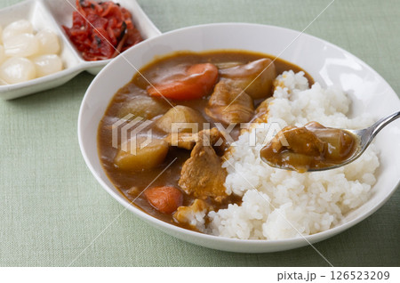 白いお皿に盛られた日本のポークカレー 白いお皿に盛られた日本のポークカレー 126523209