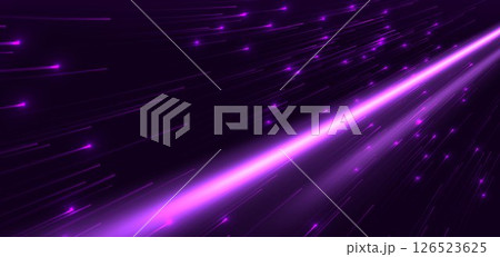 Elegant glowing purple lighting effect lines horizontal on dark purple background. Hi-speed night motion. Elegant glowing purple lighting effect lines horizontal on dark purple background. Hi-speed night motion. 126523625