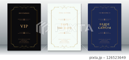 Luxury Wedding Invitation Set with Black, Cream, and Navy Backgrounds in Golden Vintage Style 126523649