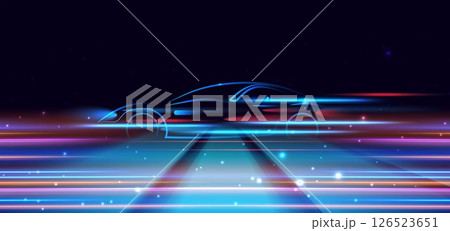 Sport car on hi-speed motion moving concept on dark blue background. Futuristic glowing neon blue and red ray. 126523651
