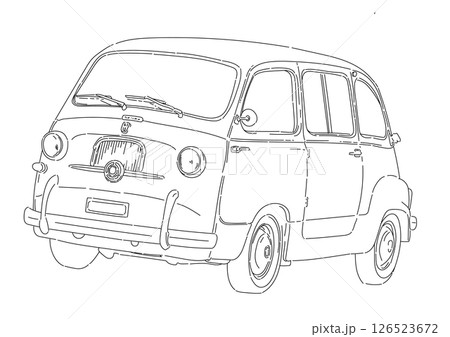 レトロでクラシックなデザインの自動車のモノクロ線画イラスト 126523672