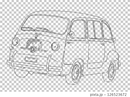 レトロでクラシックなデザインの自動車のモノクロ線画イラスト 126523672