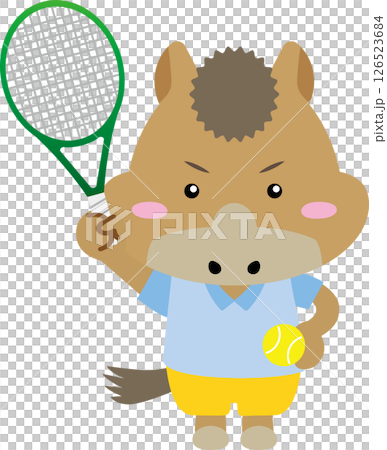 テニスを楽しむかわいいウマのキャラクター｜2026年・午年の干支イラスト 126523684