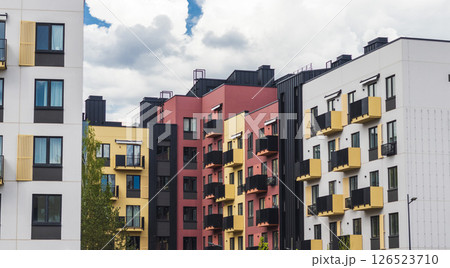 Shot of the stylish, modern, urban, residential suburb where buildings have ergonomic design and vivid colors 126523710