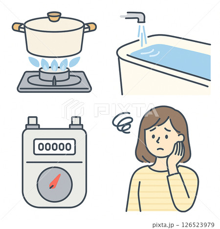 ガス代が高くなる生活シーンの図解｜料理・入浴・ガスメーターと困る女性のイラスト 126523979