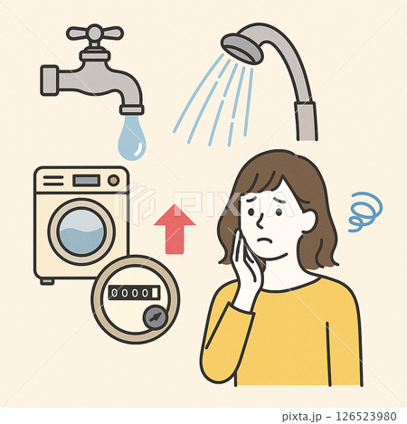 水道代が上がる原因のイメージ｜蛇口・シャワー・洗濯機・水道メーターと困る女性の図解 126523980