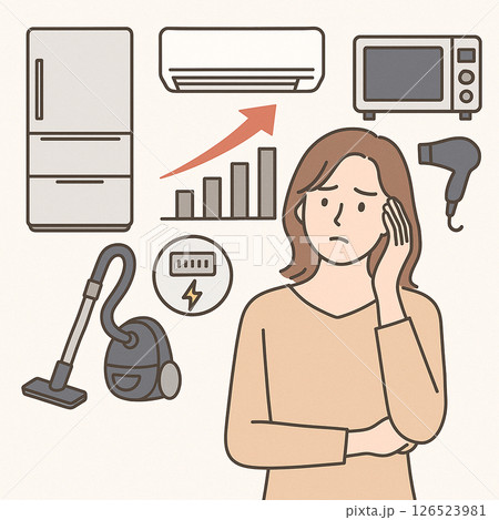 電気代の上昇に悩む女性のイメージ｜家電と電気使用量を表すイラスト図解 126523981