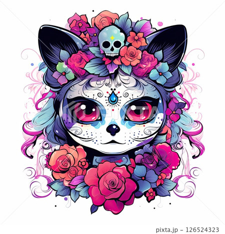 T-shirt design with Calavera Catrina with sugar skull makeup. Dia de los muertos T-shirt design with Calavera Catrina with sugar skull makeup. Dia de los muertos 126524323