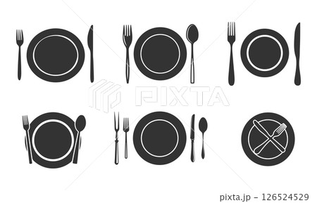 Plate with cutlery vector, Plate fork spoon knife vector, Plate with cutlery silhouette, Restaurant logo vector, Empty plate and cutlery logo. 126524529