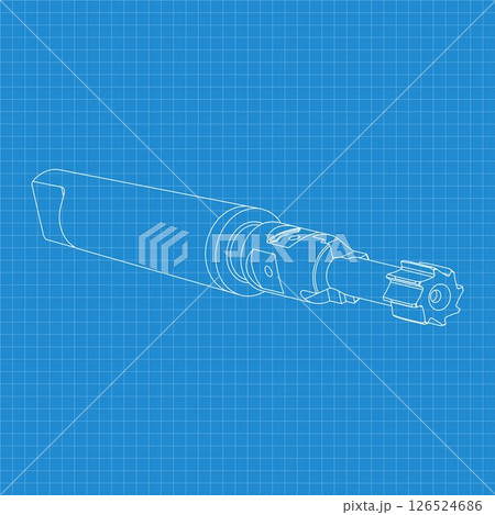 Mechanical engineering drawings. Tap tools, borer. Technical Design. Cover. Blueprint. Step Cutting Tool with Countersinking Function. Technical 3D Vector Illustration 126524686