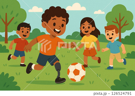 義足の男の子が仲間とサッカーを楽しむ夏の午後 126524791
