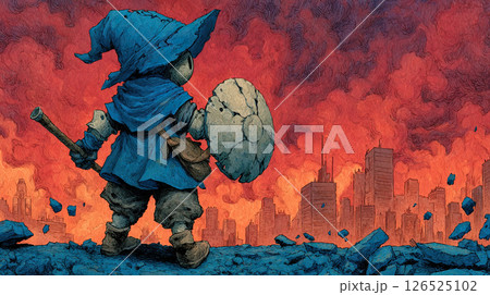 Fantasy paladin in blue cloak with cracked shield stands before burning city, dramatic scene 126525102