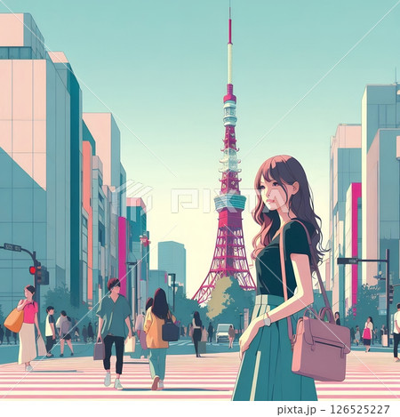 Stylized Tokyo Street Scene in Urban Japan Cityscape Illustration with Generative AI. 126525227
