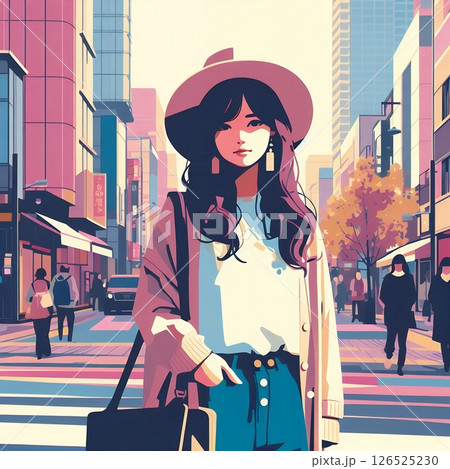 Stylized Tokyo Street Scene in Urban Japan Cityscape Illustration with Generative AI. 126525230