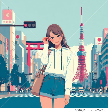 Stylized Tokyo Street Scene in Urban Japan Cityscape Illustration with Generative AI. 126525242