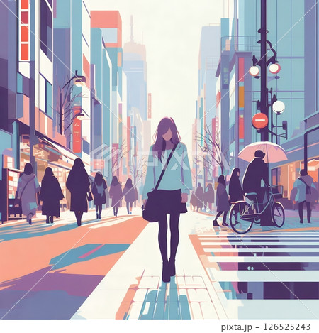Stylized Tokyo Street Scene in Urban Japan Cityscape Illustration with Generative AI. 126525243