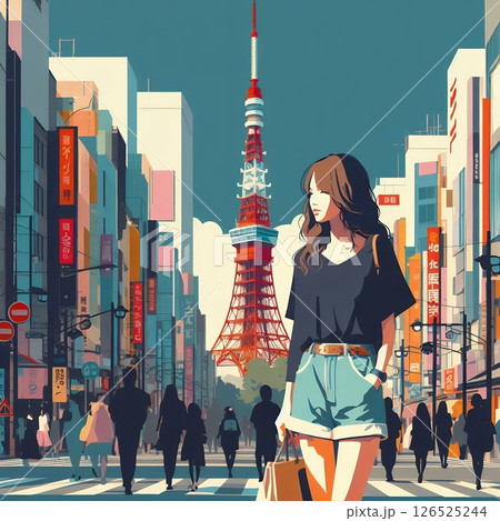 Stylized Tokyo Street Scene in Urban Japan Cityscape Illustration with Generative AI. 126525244