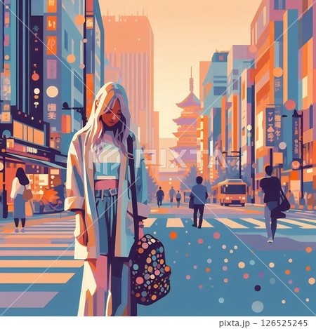 Stylized Tokyo Street Scene in Urban Japan Cityscape Illustration with Generative AI. 126525245