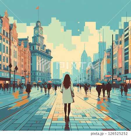 Modern Chinese Cityscape in Urban Shanghai Skyline Illustration with Generative AI. Modern Chinese Cityscape in Urban Shanghai Skyline Illustration with Generative AI. 126525252