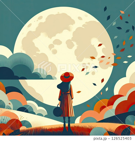 Minimal Flat Style Fashion Illustration under Full moon for Moon Festival Theme with Generative AI. 126525403