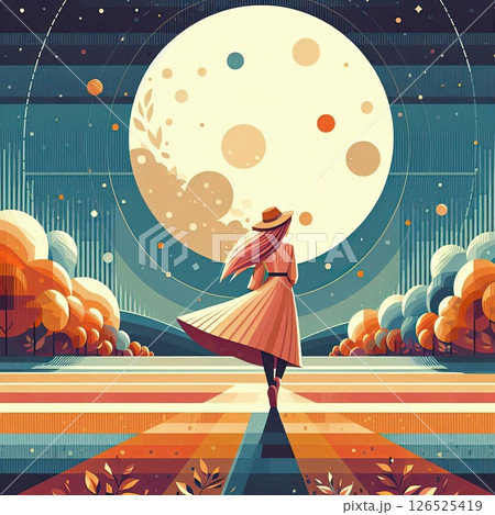 Minimal Flat Style Fashion Illustration under Full moon for Moon Festival Theme with Generative AI. 126525419