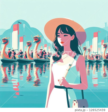 Dragon Boat Festival Celebration and Dragon Boat Race Scene with Generative AI. 126525439