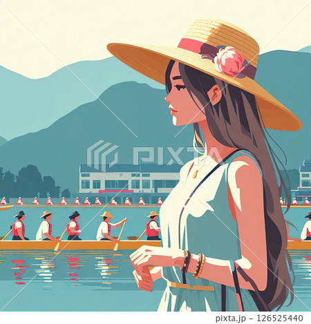 Dragon Boat Festival Celebration and Dragon Boat Race Scene with Generative AI. 126525440