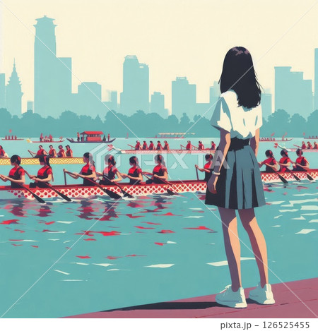 Dragon Boat Festival Celebration and Dragon Boat Race Scene with Generative AI. 126525455