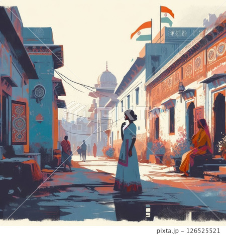 Silhouette of Woman Walking Through Vibrant Old Indian Street with Generative AI. Silhouette of Woman Walking Through Vibrant Old Indian Street with Generative AI. 126525521