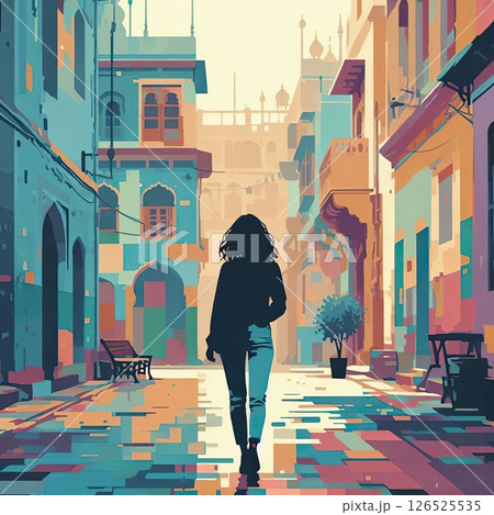 Silhouette of Woman Walking Through Vibrant Old Indian Street with Generative AI. 126525535