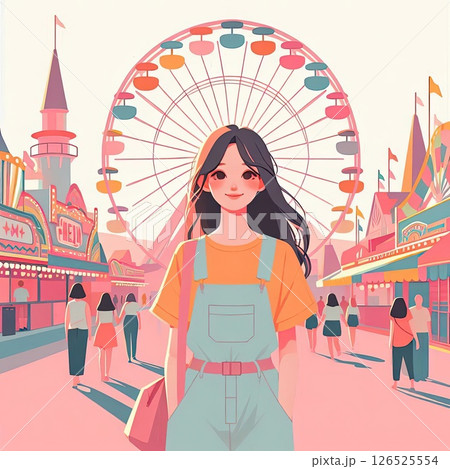 Happy Girl at Amusement Park in Bright Summer Fun Illustration with Generative AI. 126525554