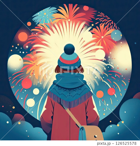 Woman in Winter Clothing with Vibrant Fireworks in the Background for New Year Celebration with Generative AI. Woman in Winter Clothing with Vibrant Fireworks in the Background for New Year Celebration with Generative AI. 126525578