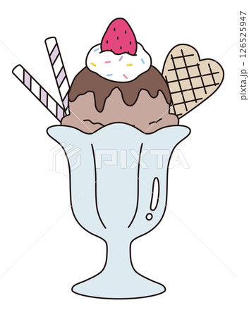 かわいいアイスクリームパフェのベクターイラスト。苺、ホイップ、デザート、チョコ 126525947