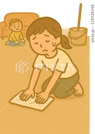 雑巾がけをして家事に励む主婦のかわいいイラスト(AI生成・ゆるかわ風) 雑巾がけをして家事に励む主婦のかわいいイラスト(AI生成・ゆるかわ風) 126526348
