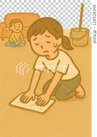 A cute illustration of a housewife mopping the floor (AI-generated, relaxed and cute style) 126526348