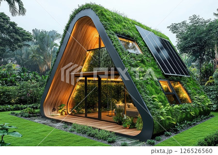 Modern eco-friendly house with green walls and solar panels surrounded by lush garden landscape Modern eco-friendly house with green walls and solar panels surrounded by lush garden landscape 126526560