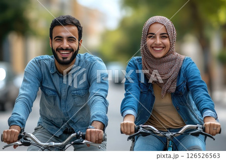 Smiling young couple riding bicycles together on a sunny street with trees in the background 126526563