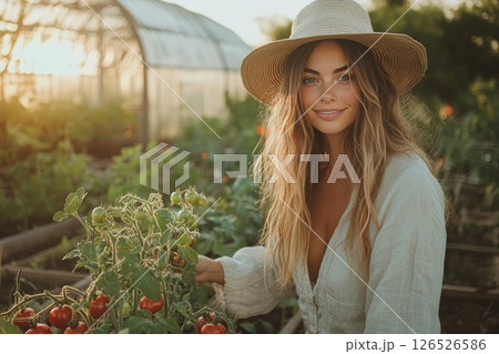 Young woman harvesting ripe tomatoes in a lush garden with sunlight filtering through plants 126526586