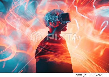 Individual wearing virtual reality headset with vibrant light trails creating a dynamic atmosphere Individual wearing virtual reality headset with vibrant light trails creating a dynamic atmosphere 126526598