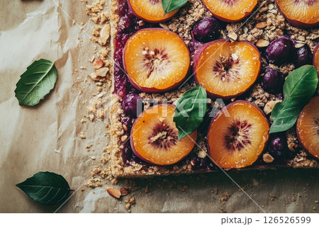 Fresh fruit tart with vibrant plums and apricots garnished with green leaves on a rustic background Fresh fruit tart with vibrant plums and apricots garnished with green leaves on a rustic background 126526599