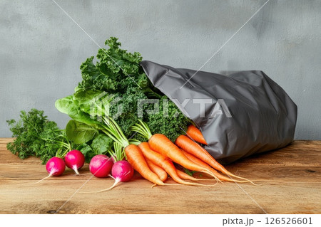 Fresh vegetables spilling from a gray bag onto a wooden surface with a rustic background 126526601